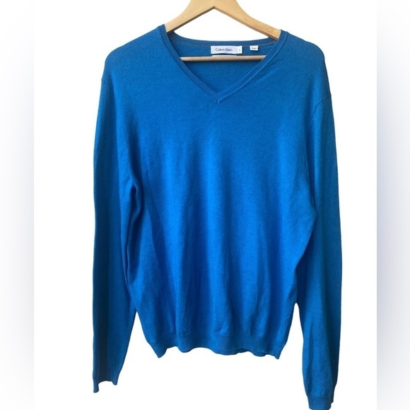 Calvin Klein Mens Merino Wool Sweater Size L Cobalt Blue V Neck Preppy Grandpa - Picture 1 of 9